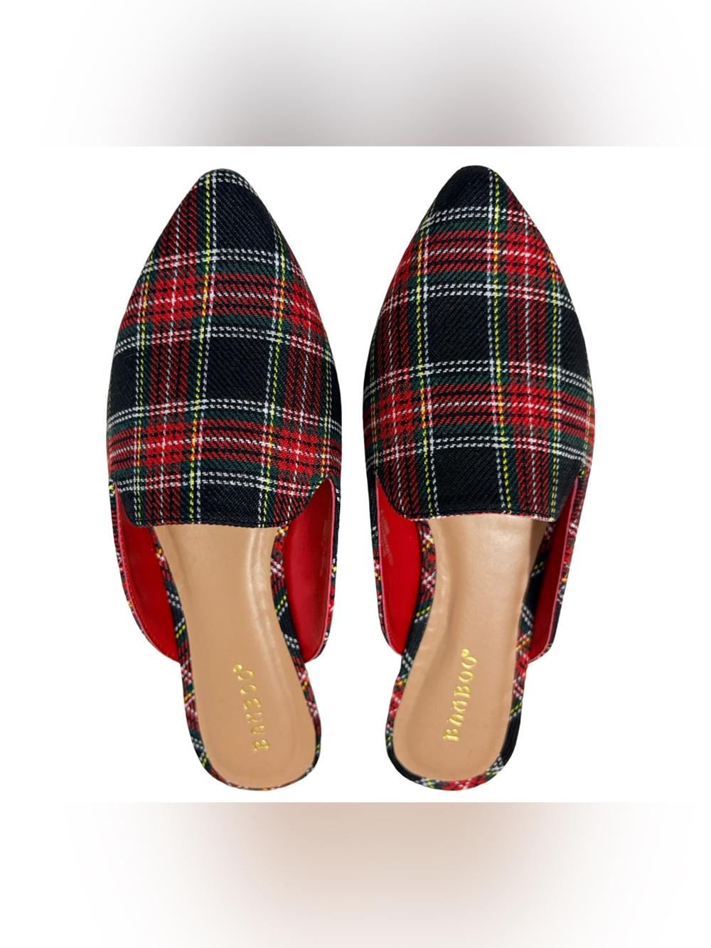 Bamboo Red Plaid Pointed Toe Mule Flats Size 6.5 BNIB